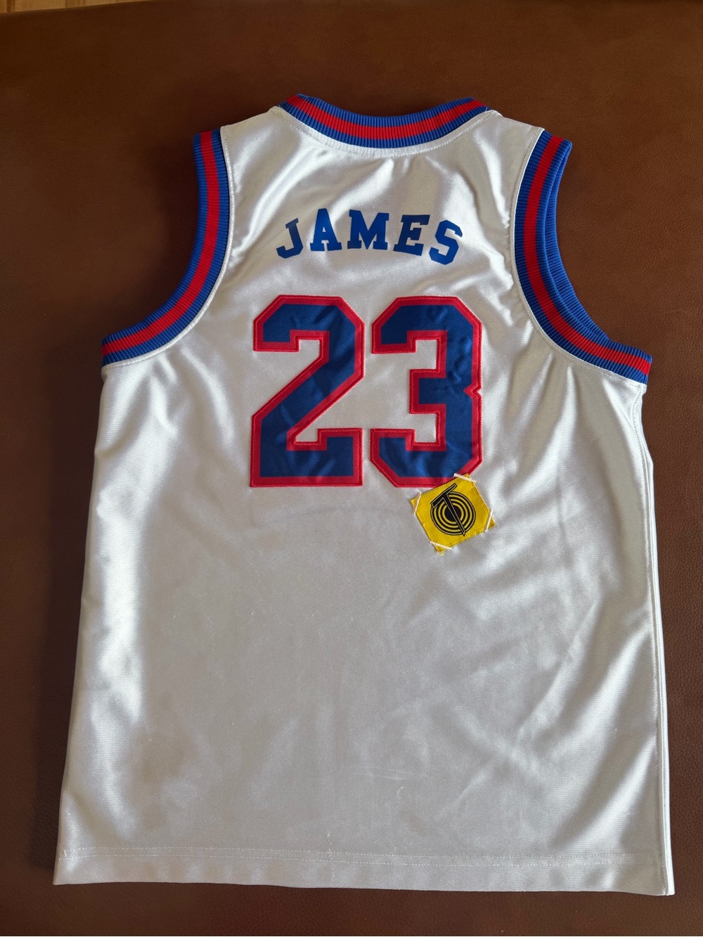 Nike Men’s Dri-FIT White Jersey with Blue and Red Trim.  LeBron James, TuneSquad
